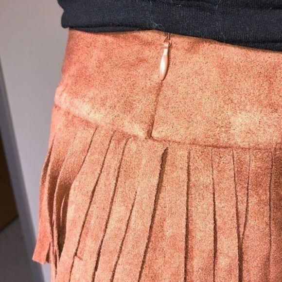 J.O.A. Los Angeles Fringe Skirt Small Brown Lined Hidden Side Zipper Hook Eye - Picture 9 of 10